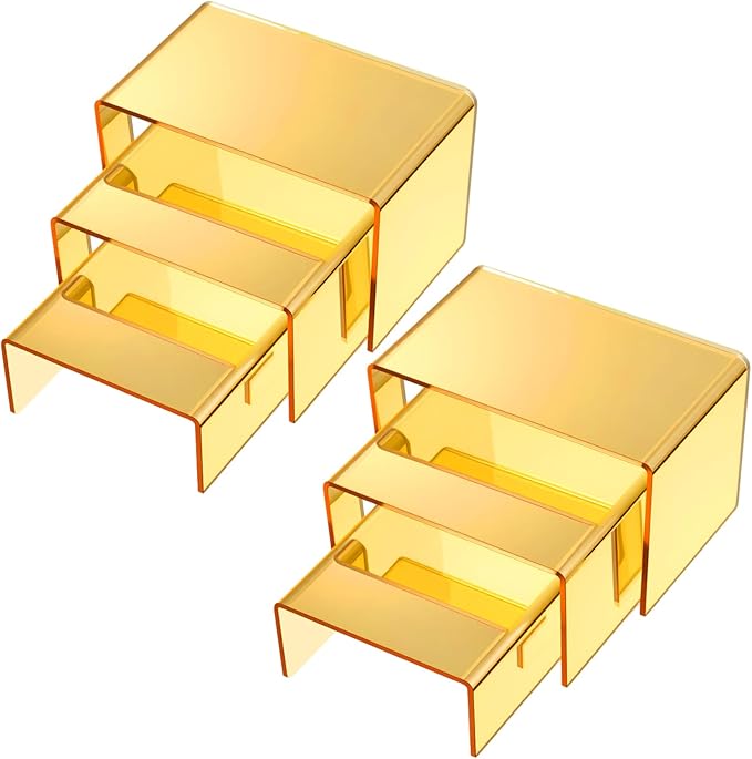 Chuangdi 2 Sets Acrylic Display Risers, Product Stand, Jewelry Display Riser Shelf Showcase Fixtures for Dessert Cupcake Candy Figure Treat Action Showcase(Gold,Small Set)