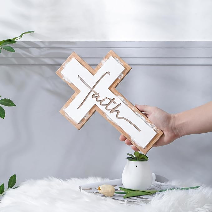 TRENDIN Rustic Wood Cross Wall Decor, Wooden Cross with Faith Cutout, Vintage Farmhouse Christian Home Decor for Living Room, Entryway, Bedroom, Religious Inspirational Gifts