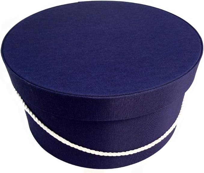Sarah's Hat Boxes Classic Navy Hat Box – 12.75" x 6.5" (Dia. x Ht.) Handmade in USA – Odorless Non-Toxic Adhesive, Cording Handle – Premium Storage for Hats & Accessories