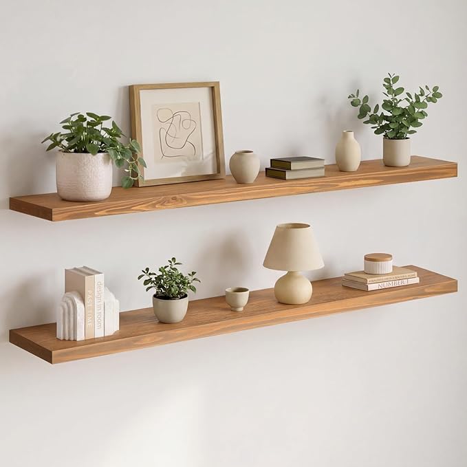 Homeforia 60 inch Golden Oak Floating Shelf, High End Solid Real Wood 60inch Small Floating Shelves for Wall Mounted, Oak Wooden 60in Floating Shelves, Heavy Duty Bracket, 60 X 6.5 X 1.75 in, Set of 2