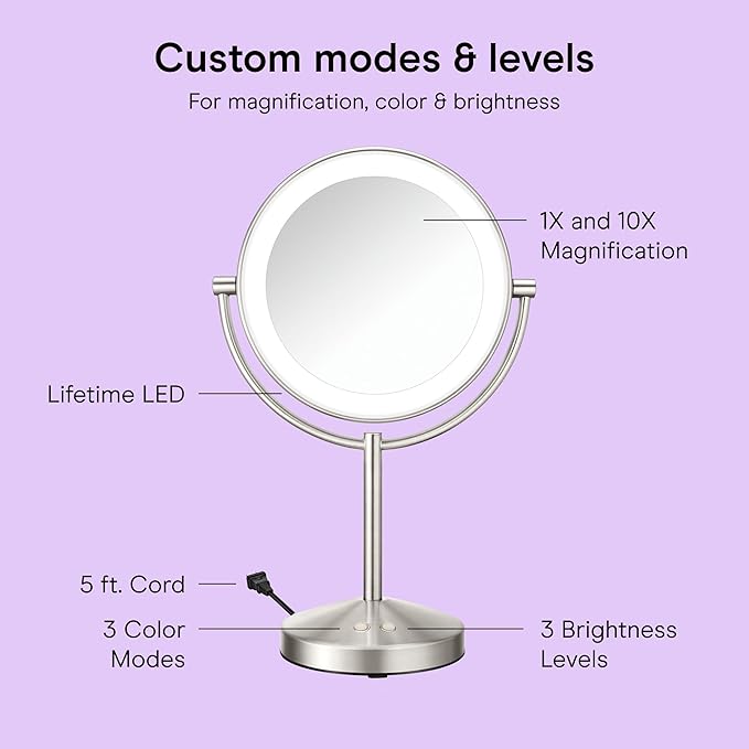 Conair Lighted Makeup Mirror, Double-Sided Vanity Mirror with 1X/10X Magnification, 3 Color Modes and 360 Rotation, Satin Nickel, BE401X2