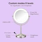 Conair Lighted Makeup Mirror, Double-Sided Vanity Mirror with 1X/10X Magnification, 3 Color Modes and 360 Rotation, Satin Nickel, BE401X2