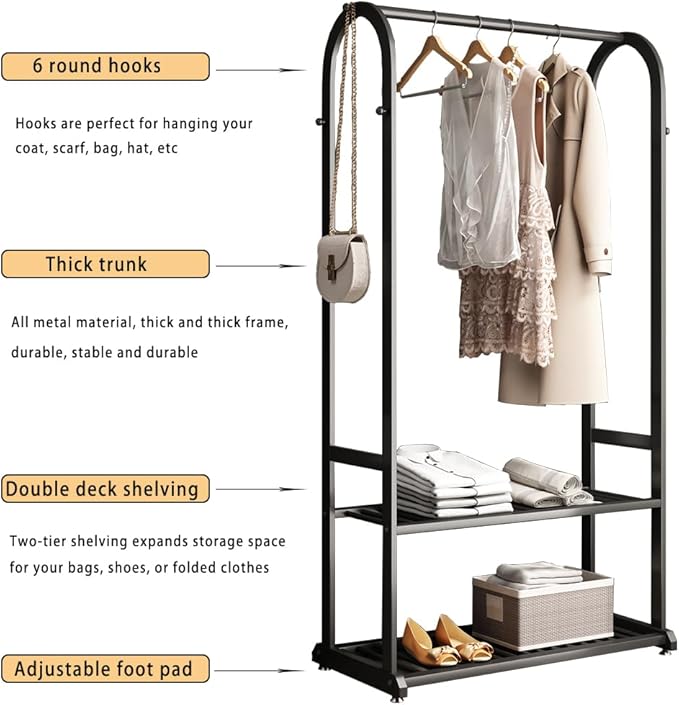 Freestanding Clothing Rack,Metal Garment Rack with Bottom Shelves and 6 Side Hooks,Black sturdy clothes racks for hanging clothes,Modern Wardrobe Organizer for Bedroom or Closet (L:31.5IN)