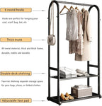 Freestanding Clothing Rack,Metal Garment Rack with Bottom Shelves and 6 Side Hooks,Black sturdy clothes racks for hanging clothes,Modern Wardrobe Organizer for Bedroom or Closet (L:31.5IN)