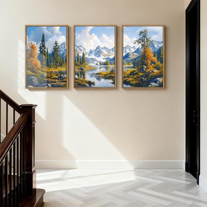BINCUE Framed Mountain Landscape Wall Art Nature Forest Wall Decor Tree and River Art Print Nature Landscape Artwork Mountain Forest Wall Pictures for Living Room Bedroom Office Farmhouse 16x24 Inches Set of 3 Gift