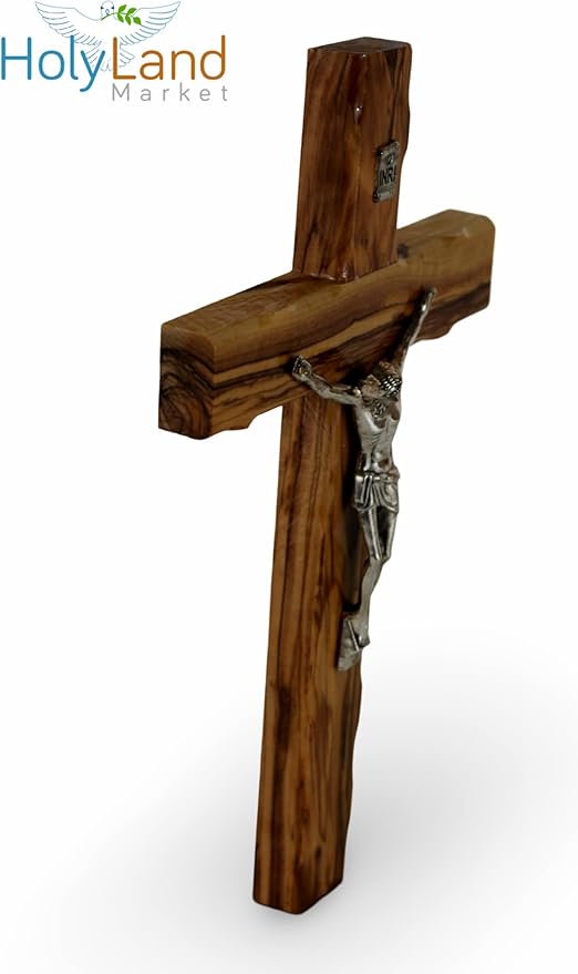 Holy Land Market Olive Wood Cross 10 Inch Crucifix - Hand Carved Catholic Wall Decor from Bethlehem, Home Decor with Certificate & Lord's Prayer Card, Supports Christians in Holy Land