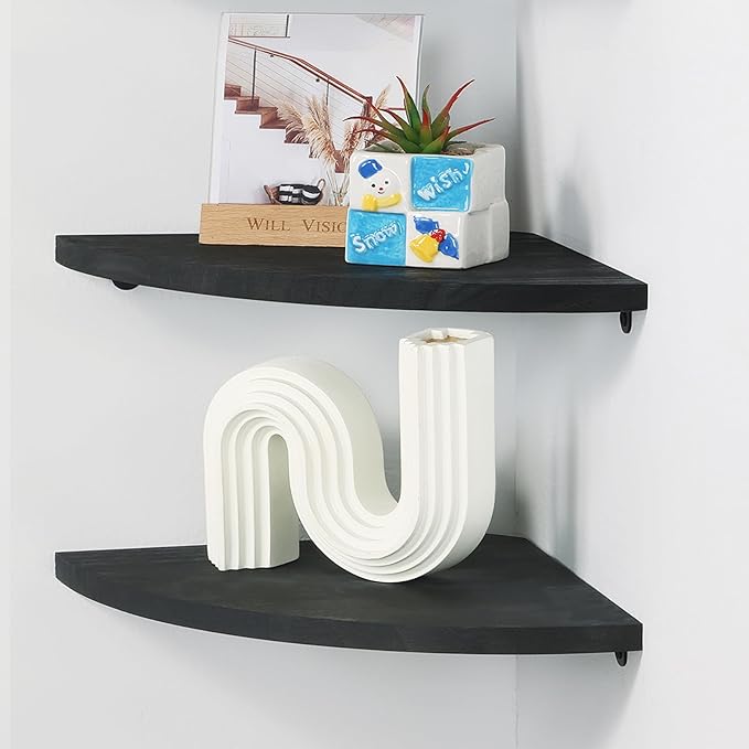 JORIKCHUO 12 inch Corner Shelf, Set of 2 Solid Wood Corner Floating Shelves for Wall, Round End Wall Mounted Floating Shelf for Bedroom, Living Room and Kitchen (Black-12 inch)