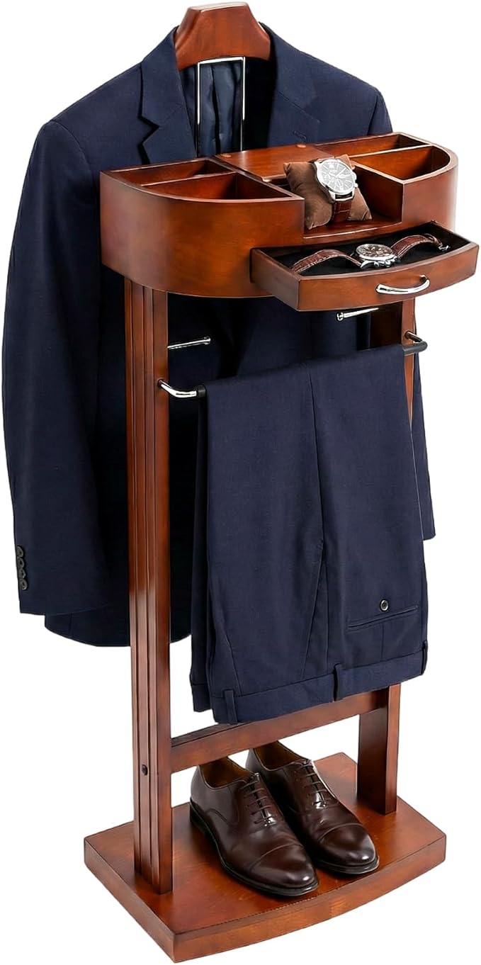 Free Standing Valet Stand for Man and Women, Wood Suit Rack w/Top Tray/Drawer/Tie Hooks/Shoe Rack, Valet Stand for Bedrooms, Living Rooms, Hallways