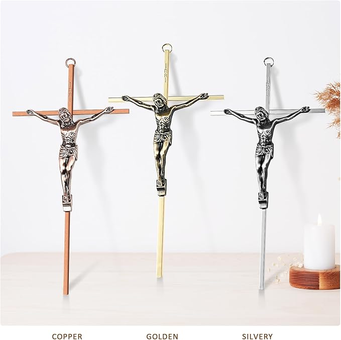 ACHIBANG 10" Crucifix Wall Cross 3 Pack – Gold, Silver & Copper Jesus Crosses for Wall, Catholic Crucifix Wall Decor for Home or Over-the-Door Blessing
