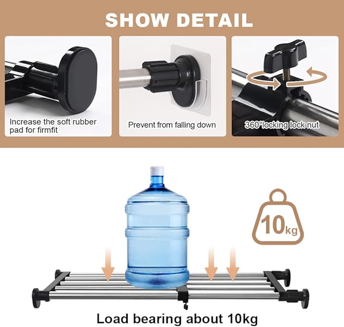 Hershii Expandable Closet Tension Shelf Rod Adjustable Metal Storage Rack Cabinet Organizer DIY Divider Separator Shelves for Wardrobe Cupboard Kitchen Bathroom, Black, 19.69-31.5inches