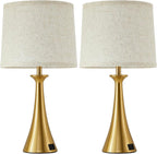 Touch Lamp for Living Room Bedroom, 21" Table Lamps Set of 2 with USB C+A Ports, Touch Bedside Lamps for Nightstand with 3 Way Dimmable, 2 LED Bulbs Included, Gold