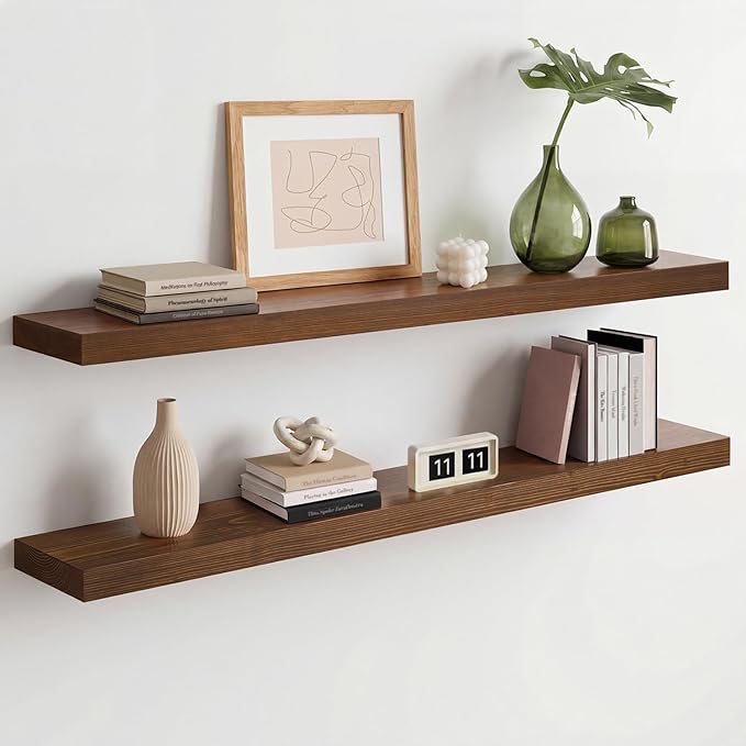 Homeforia Classic Walnut 36 inch Floating Shelf, High End Solid Real Wood Small 36inch Floating Shelves for Wall Mounted, 36in Floating Shelves, Heavy Duty Bracket, 36 X 6.5 X 1.75 inches, Set of 4