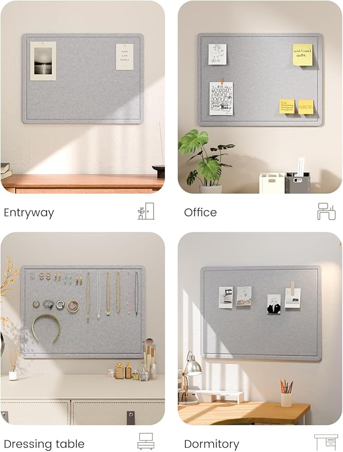 Fluxynara Bulletin Board, 23.6" x 17.5" Cork Board Alternative with 12 Safe Removable Adhesive Tabs, Foldable Felt Pin Board for Home Office, Classroom, Bedroom,Entryway for Walls—Soft Gray