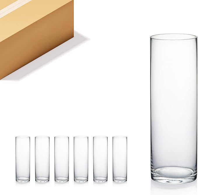 WGVI Quality Thick Weighted Clear Cylinder Glass Vases, 4" W x 12" H, Flower Arrangement Floating Candle Holders Wedding Centerpieces Terrarium Planter Floral Storage Container, Bulk Wholesale, 6 Pcs