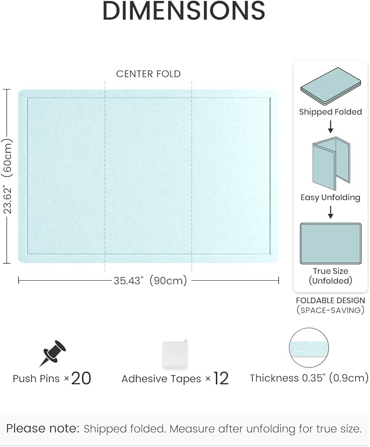 Fluxynara Bulletin Board,35.4" x 23.6" Cork Board Alternative with 12 Safe Removable Adhesive Tabs, Foldable Felt Pin Board for Home Office, Classroom, Bedroom,Entryway for Walls—Aqua Blue