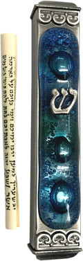 Tamara Baskin Art Glass Mediterranean Sea Mezuzah, Weatherproof Metal Case - Gift Box and Scroll Included - Handmade in the USA - Guaranteed for Life