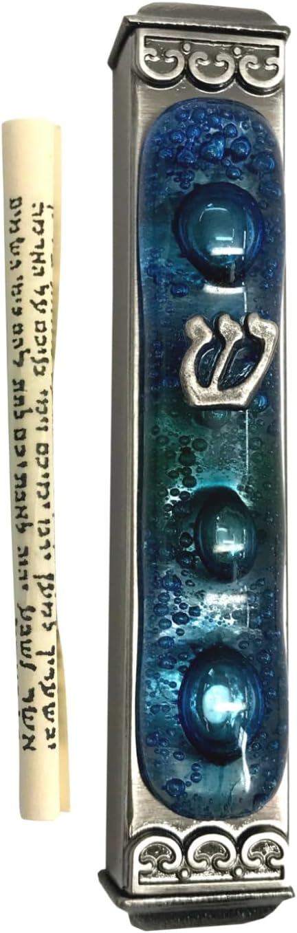 Tamara Baskin Art Glass Mediterranean Sea Mezuzah, Weatherproof Metal Case - Gift Box and Scroll Included - Handmade in the USA - Guaranteed for Life
