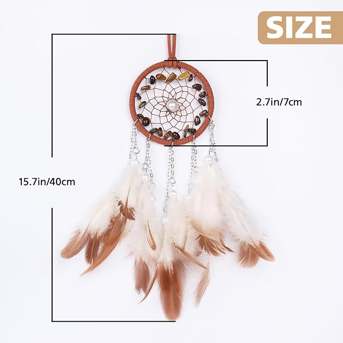 Pretty Jolly Crystal Stone Small Dream Catchers Brown Feathers Mini Dreamcatchers with Beads for Cars Rear View Mirror Hanging Decoration Good Luck Travel Charm Bedroom Ornaments for Women Girls