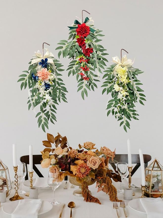 belupai 26.4 Inch Artificial Willows Swag with Flowers, Fake Wall Hanging Greenery Teardrop Dahlia Wreath Eucalyptus Garland with Bow Ribbon for Front Door Farmhouse Decor(White)