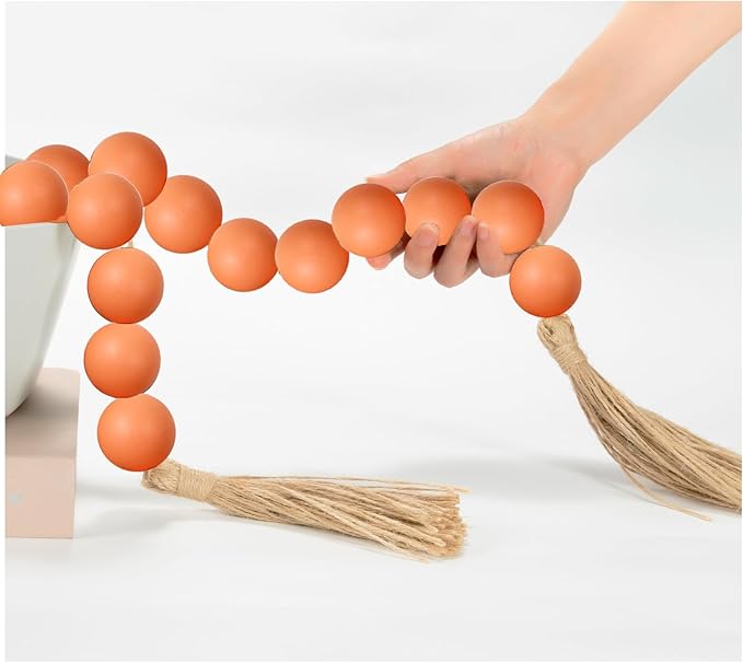 OMISHE 60" Long Extra Large Wood Bead Garland with 1.6" Diameter Wooden Beads and Tassels, Rustic Farmhouse Country Decorative Beads for Home Tiered Tray Decor, Orange