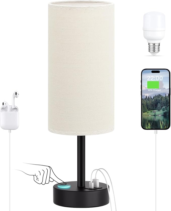 Dicoool Beige Touch Lamp for Bedroom with USB - 3 Way Dimmable Table Lamp for Nightstand, Small Lamp with Black Charging Station for Desk Dorm, Office, Nursery