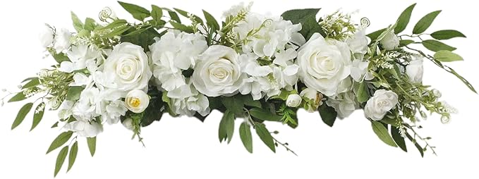 MSUIINT 25.6 Inch Artificial Rose Flower Swag with Green Leaves, Handmade Fake Plant for Front Door, Wedding Arch Flowers Spring Floral Swag, Wall Hanging Swag for Home Party Decor(White)
