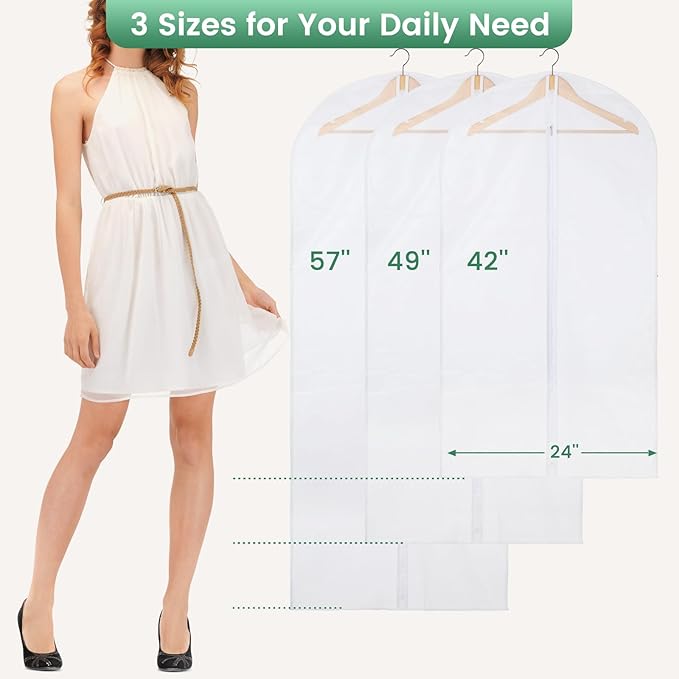 12 Pack Garment Bags for Hanging Clothes - Translucent Dress Bag for Closet Wardrobe Storage Travel - 24" x 57"