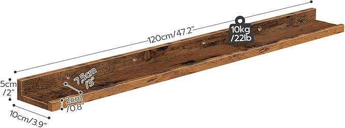 HOOBRO Floating Shelves, Wall Shelf Set of 3, 47.2 Inches Hanging Shelf with Raised Edge and Invisible Brackets, for Bathroom, Bedroom, Kitchen, Office, Living Room Decor, Rustic Brown BF92BJ01