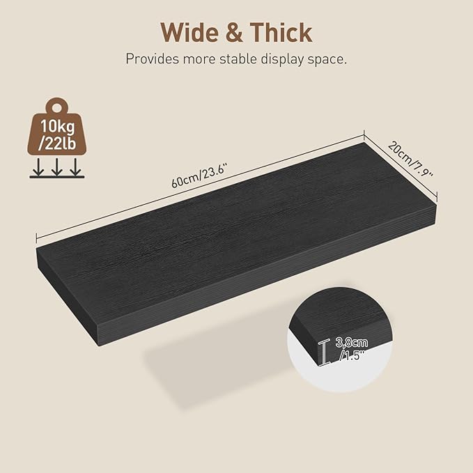 RALGEND Floating Shelves for Wall, 1.5" Thick Wall Shelf Set of 3 with Invisible Brackets, 23.6L x 7.9W Hanging Book Shelves Farmhouse Home Decor for Bathroom, Living Room, Bedroom, Black 6301BJP3BK