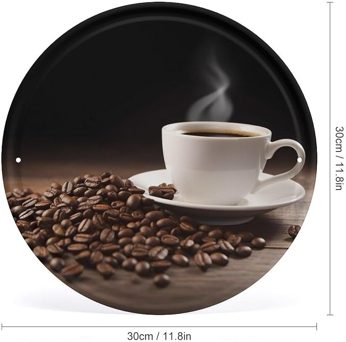 Wall Picture, with Coffee Cup and Coffee Beans Printed Circular Iron Hanging Picture,Wall Art Decor,Home for Bedroom Living Room Bathroom Decor,Iron Painting 11.8X11.8 in