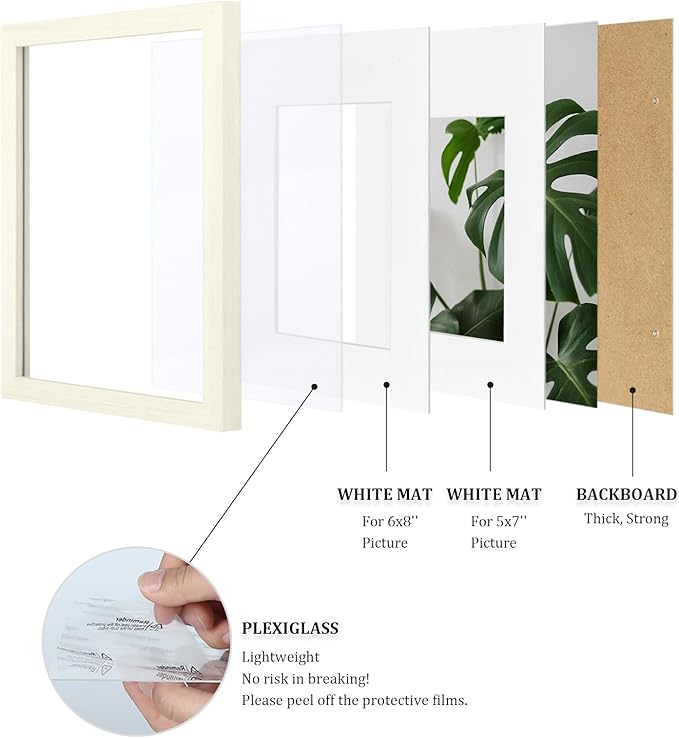Egofine A4 Picture Frames Set of 4, Made of Solid Wood Covered by Plexiglass 5x7 and 6x8 with Mat or A4 without Mat, for Table Top Display and Wall Mounting Photo Frame Beige