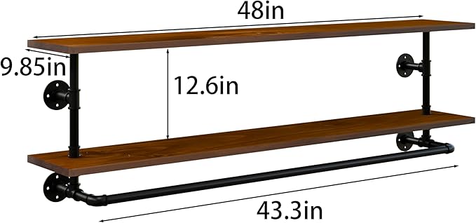 Clothes Rack 48in, Wall Mounted Garment Rack with Real Walnut Wood Shelf, Heavy Duty Hanging Clothes Rack, Multi-Purpose Hanging Rod, Space-Saving Closet Storage (Walnut, 2T48IN)
