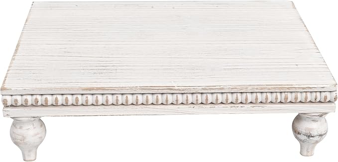 SwallowLiving Farmhouse Wood Riser for Display Decorative, Rustic Shabby Chic Tray for Kitchen Counter, Coffee Bar Table, Dining Room, Wooden Rectangle Beaded Pedestal Stand for Food, White