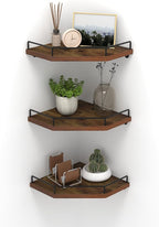 HORLIMER Floating Corner Shelf Wall Mount, 3 Pack Rustic Wood Corner Wall Shelves with Fence for Bedroom, Bathroom, Kitchen, Living Room, Brown