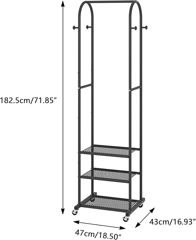 Heavy Duty Clothing Rack with Wheels,Modern Garment Rack with 3 Metal Shelves, 71.8Inches Display Rack for Hanging Clothes, Hanging Rod for Small Space,Black