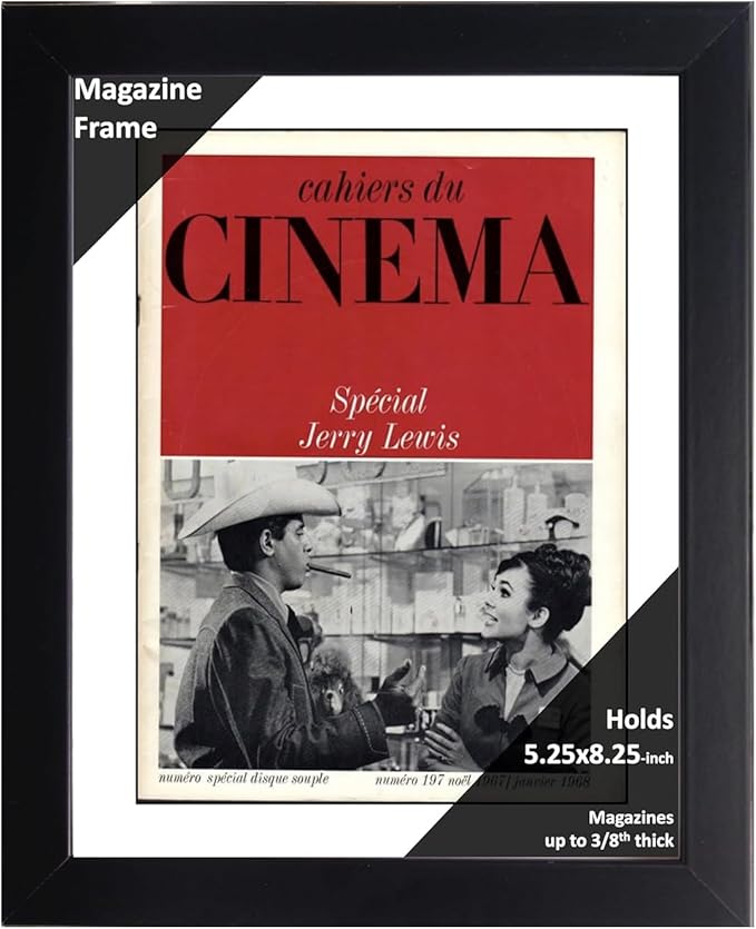 Creative Picture Frames 5.25 x 8.25 Magazine Cinema Frame with Full-Strength Glass, Holds Up To A 1/4" Thick Media Wall Display with Installed Hangers for Easy Mounting, 8x10 Black Frame with White Mat