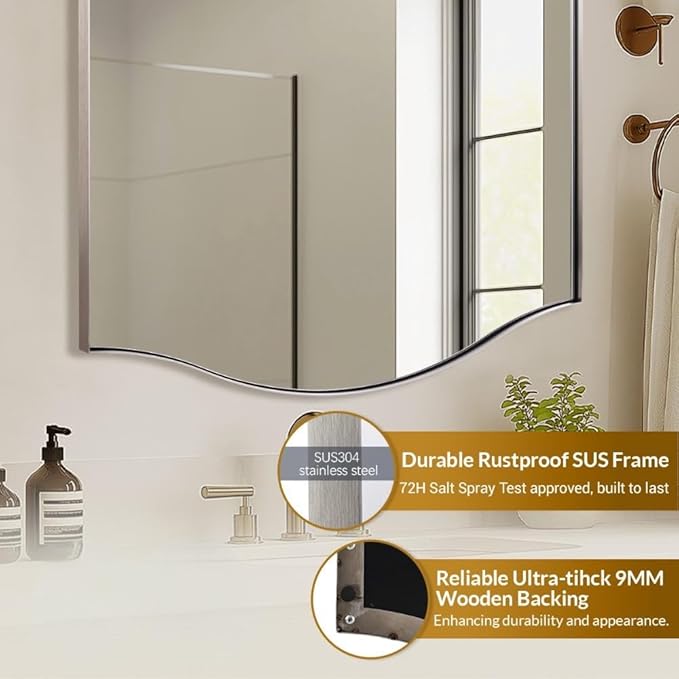 ANDY STAR Scalloped Bathroom Mirror，24"x32" Brushed Nickel Rectangle Wall Mirror with Curved Edge Stainless Steel Metal Frame, Silver Vanity Wall-Mounted Mirror for Bathroom, Entryway