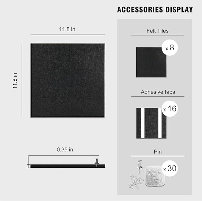 TSJOFFICE Large Cork Board for Wall - 48" x 24" Bulletin Board with 30 Pushpins for Office Decor, Pin Board 8 Pack Felt Tiles with Safe Removable Adhesive Tabs, Corkboard for Home - Black & White