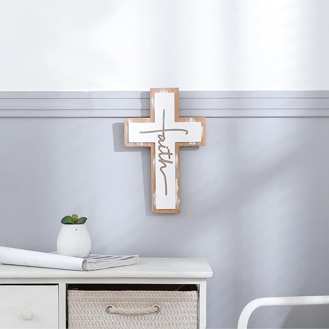 TRENDIN Rustic Wood Cross Wall Decor, Wooden Cross with Faith Cutout, Vintage Farmhouse Christian Home Decor for Living Room, Entryway, Bedroom, Religious Inspirational Gifts