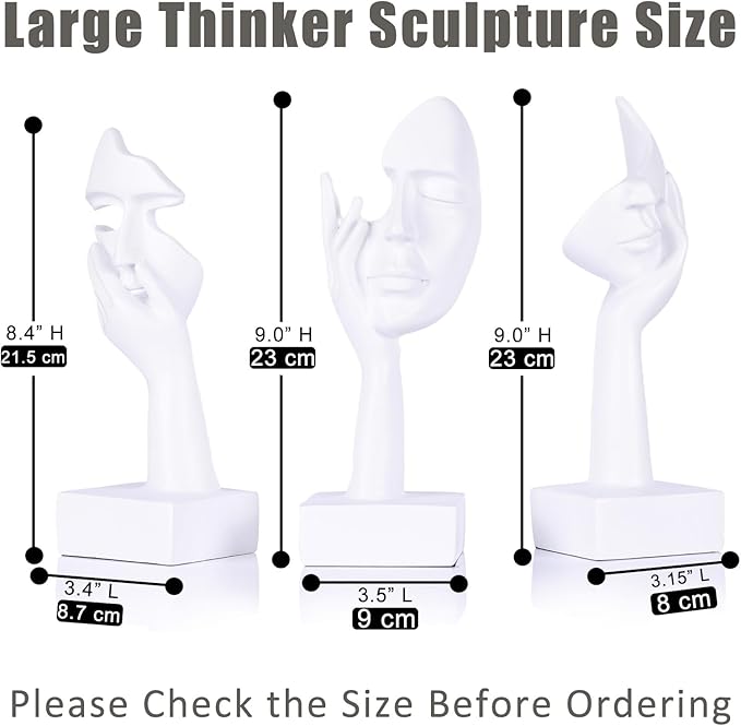 3 Pcs Thinker Large Statue Set - White Art Abstract Home Accent Figurines for Living Room, Bedroom, Shelves, Office Desktop, Coffee Table Decor, Gift for Women (3 Pcs White, 9")