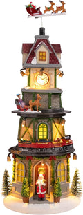 Christmas Village Houses Christmas Collectible Buildings Bell Tower with LED Lights,Xmas Vacation Village Musical with USB Indoor Display Figurines Decoration