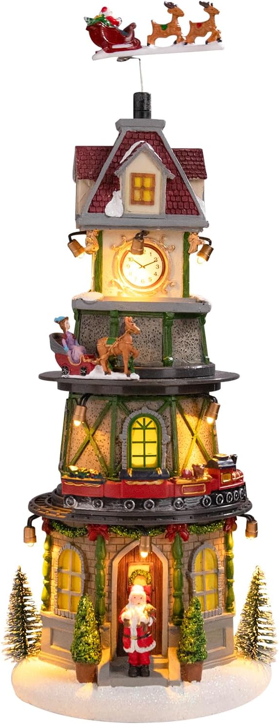 Christmas Village Houses Christmas Collectible Buildings Bell Tower with LED Lights,Xmas Vacation Village Musical with USB Indoor Display Figurines Decoration