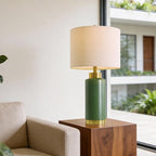 USumkky 25" Green Ceramic Table Lamp Set of 2, Modern Mid-Century Bedside Nightstand Lamps for Bedroom Living Room, Linen Shade & Gold Metal Base, Rotary Switch E26 (Bulbs Excluded)
