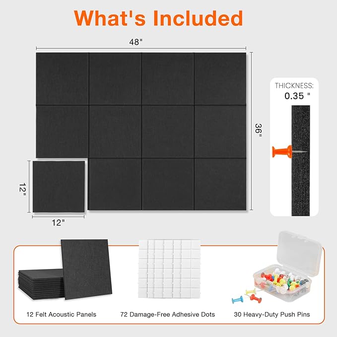 Large Cork Boards for Walls 48" x 36",12 Pack Bulletin Boards Alternative Cork Board for Office,Black Felt Wall Tiles, Contains Removable Security Stickers and PushPins