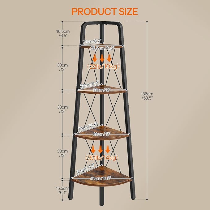 HOOBRO Corner Shelf, 4-Tier Corner Shelf Stand, 53.5" Tall Ladder Bookshelf, Industrial Corner Display Shelf Plant Stand for Living Room, Kitchen, Home Office, Rustic Brown BF144CJ01