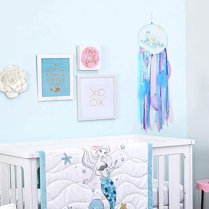 OurWarm Mermaid Dream Catcher for Girls Room Wall Decor, Big Handmade Blue Dreamcatcher with Colorful Feathers for Kids Bedroom Hanging Decor, Under The Sea Mermaid Birthday Baby Shower Party Supplies