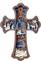KOMI Wooden Nativity Cross for Wall, 9 Inch Wood Carved Manger Scene Wall Cross Hanging Decor Catholic Religious Wall Art Perfect for Office Living Room Christmas Gifts