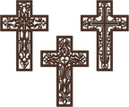 Bnesi 3 Pcs Wooden Cross Wall Art - Brown Carved Pattern Religious Crosses for Living Room, Church, Wedding, Office, Hospital