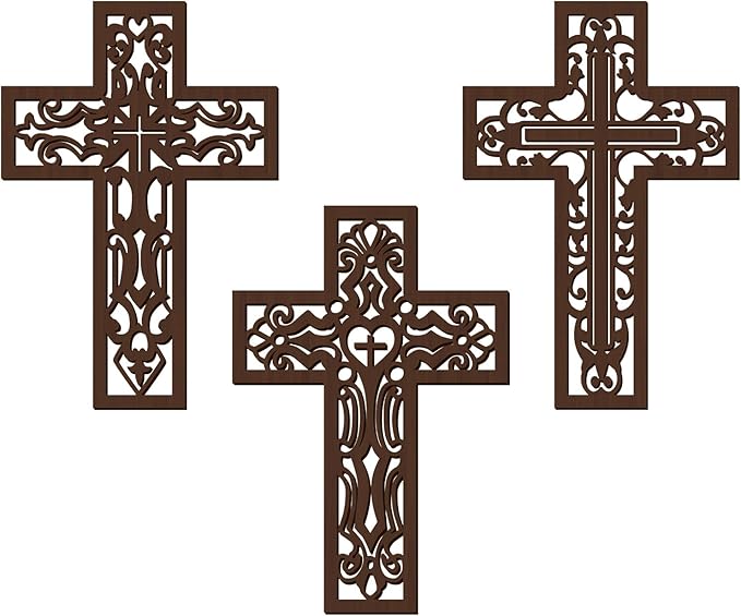 Bnesi 3 Pcs Wooden Cross Wall Art - Brown Carved Pattern Religious Crosses for Living Room, Church, Wedding, Office, Hospital