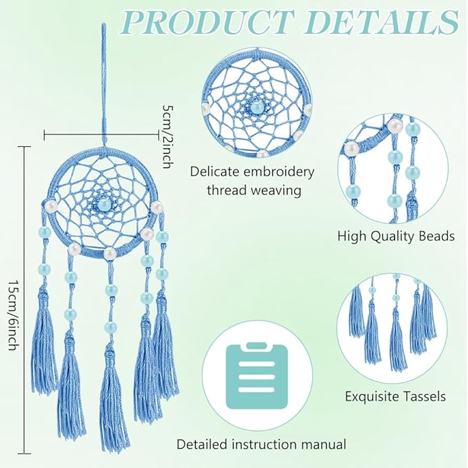 INFUNLY 12PCS DIY Small Dream Catcher Kit Handmade Blue Dreamcatcher for Adult Beginners DIY Mini Hanging Ornament Starter Making Kit for Bedroom Car Mirror Keychain bag Bohemian Decoration Craft Gift